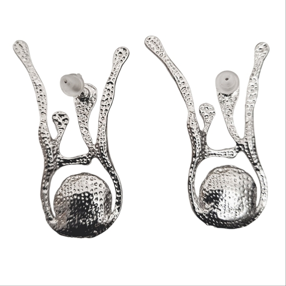Silver Abstract statement earrings dangle Faux pearl metallic Modern 💖2/$30 - Picture 15 of 16